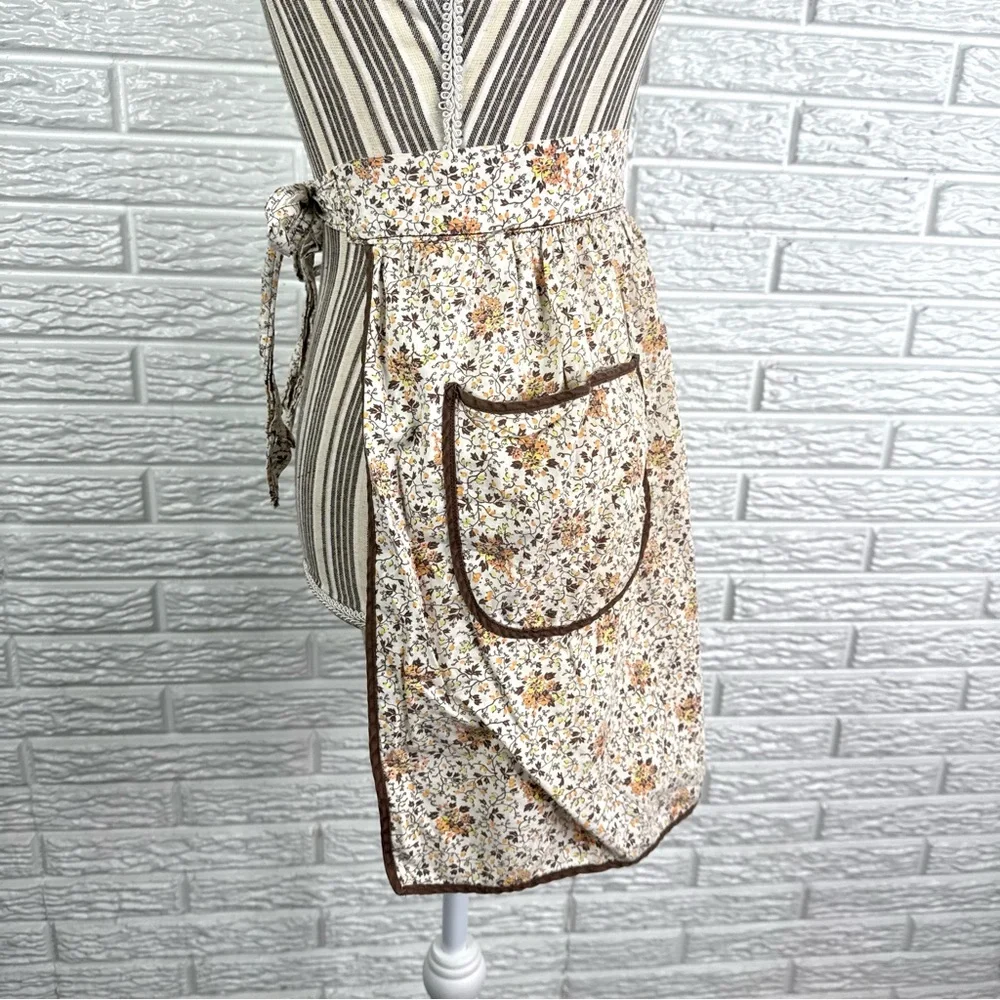 Vintage Handmade Brown and Beige Floral Half Apron with Pocket